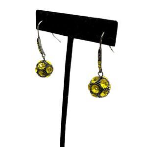 Vintage Yellow Rhinestone Globe Dangle Earrings Costume Jewelry